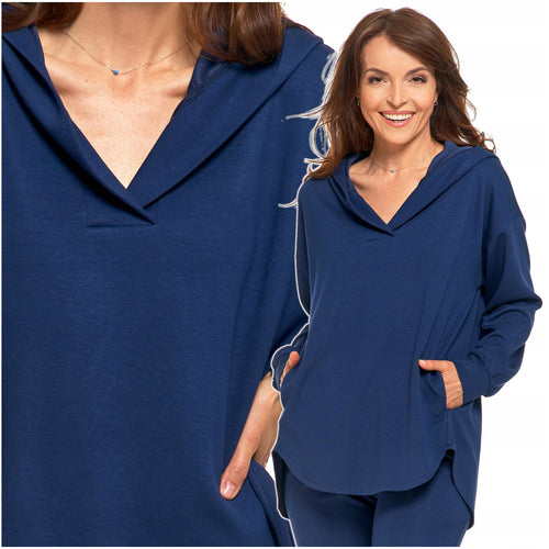 Elegancka bluza damska oversize z kapturem stylowa dekolt serek xs/s