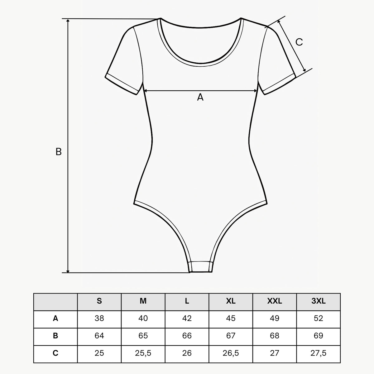 Tabela rozmiarów — Eleganckie body damskie z głębokim dekoltem gładkie krótki rękaw
