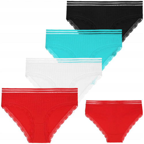 Figi damskie bikini majtki bawełniane prążek koronka modne 4-pak