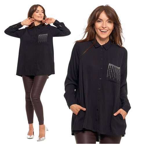 Elegancka koszula damska ze zdobieniami czarna modna oversize