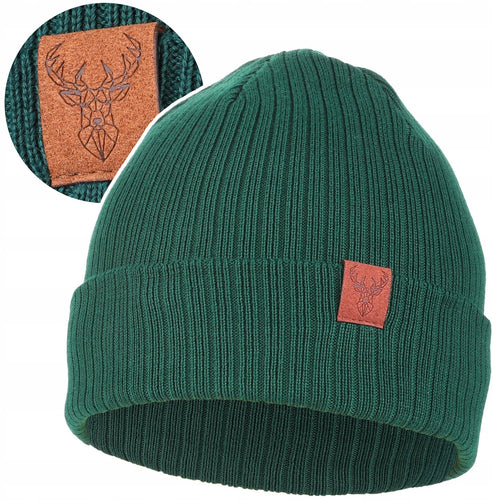 Czapka damska zimowa beanie na chłodne dni w prążek naszywka jelenia