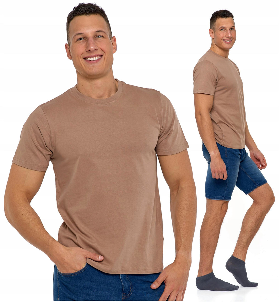 T-shirt koszulka męska bawełniana klasyczna krótki rękaw beżowa