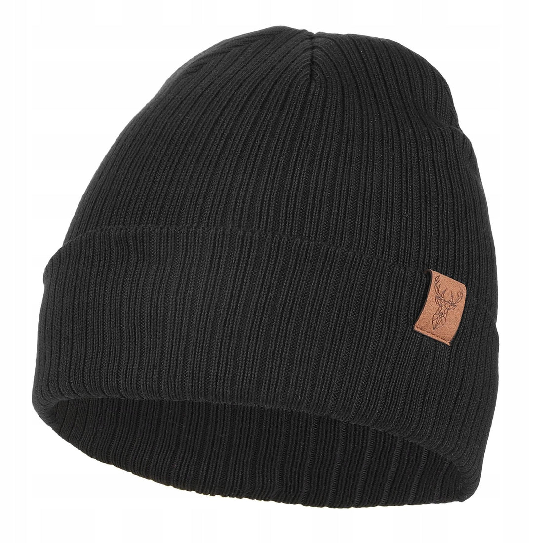 Czapka damska zimowa beanie na chłodne dni w prążek naszywka jelenia
