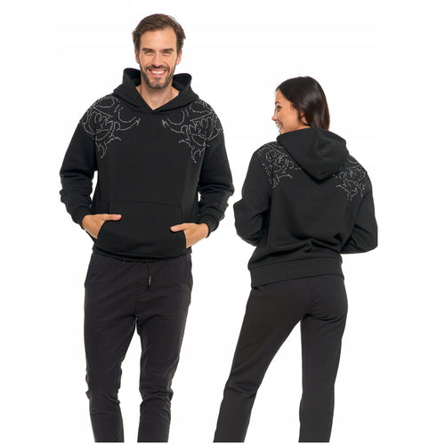 Bluza czarna unisex z kapturem ozdobne cyrkonie ocieplana modna