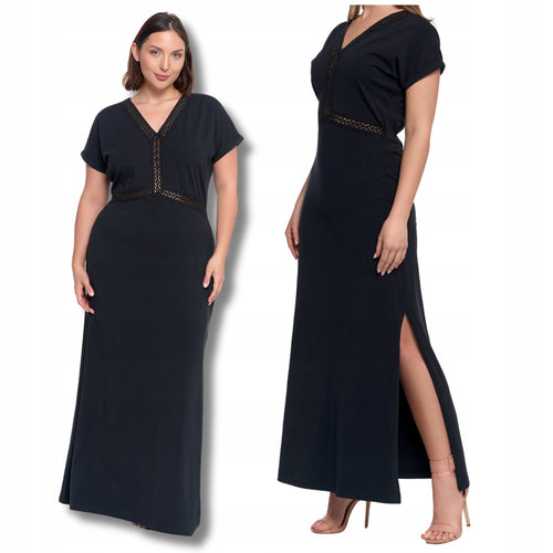 Sukienka damska maxi elegancka dekolt w serek rozcięcie koronka