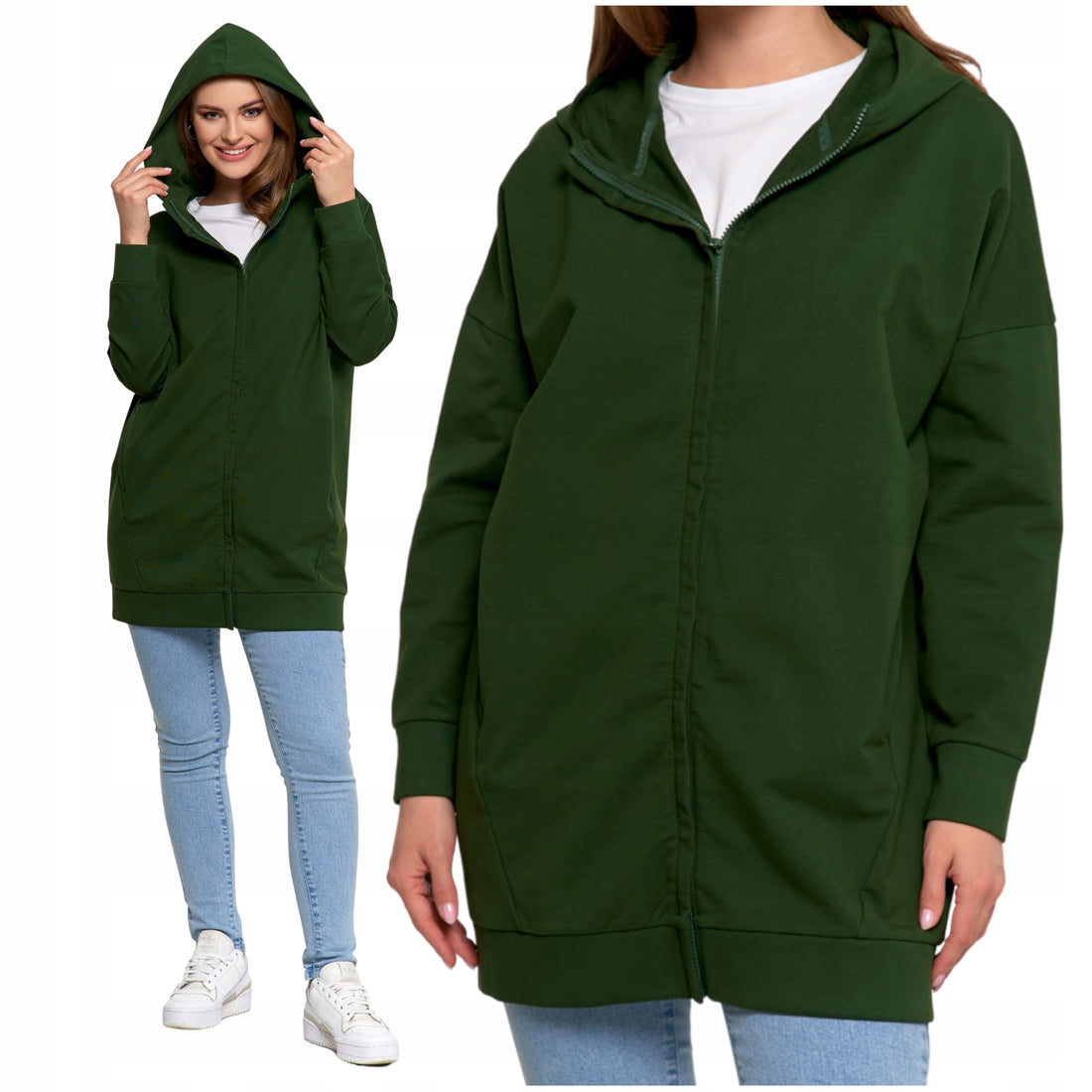 Luźna bluza damska dresowa rozpinana długa gładka z kapturem 3xl/4xl
