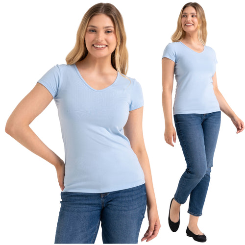 T-shirt damski klasyczny dekolt w serek bluzka krótki rękaw