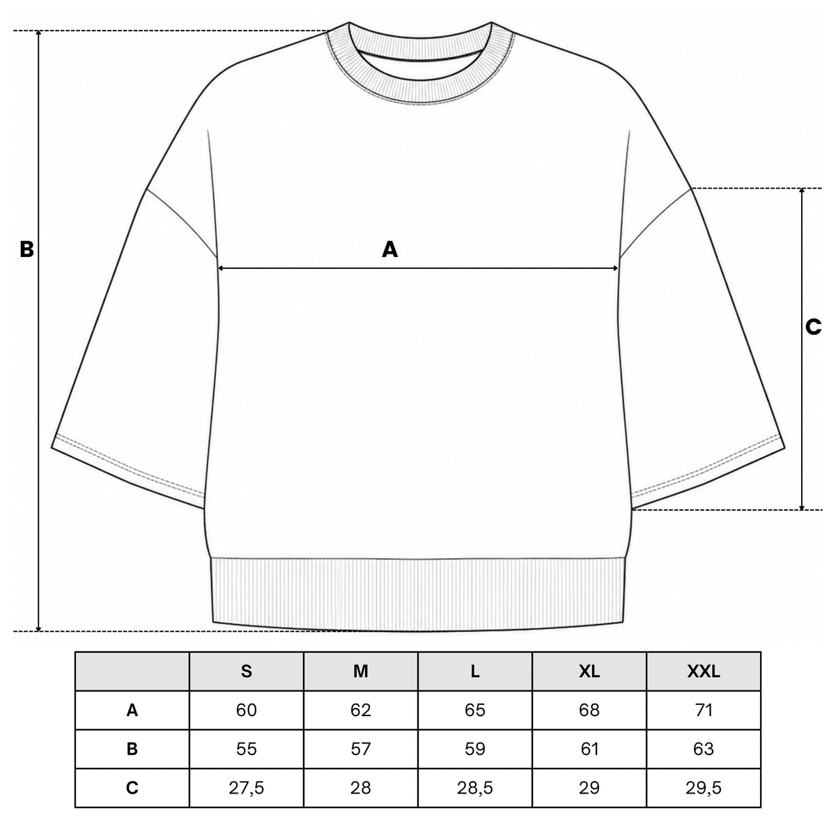 Tabela rozmiarów — Luźna bluza damska dresowa gładka rękaw 3/4 oversize modna