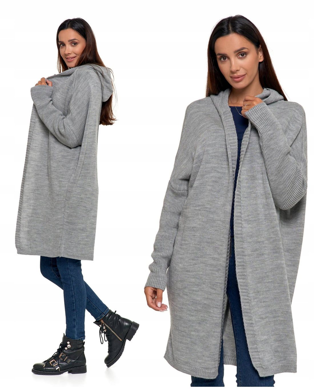 Elegancki sweter damski długi kardigan z kapturem ciepły luźny fason