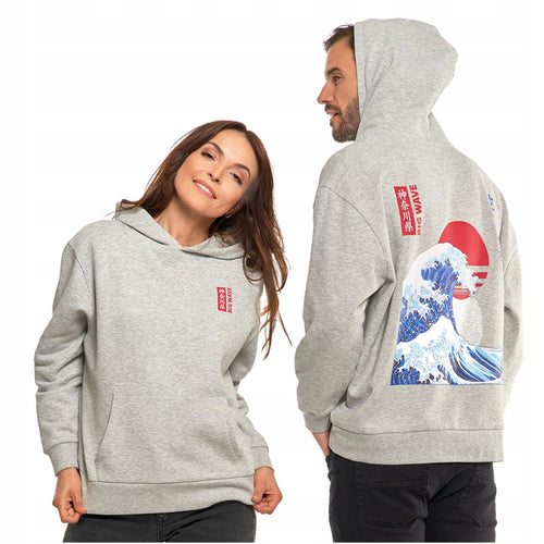 Bluza unisex z kapturem luźna szara nadruk męska i damska