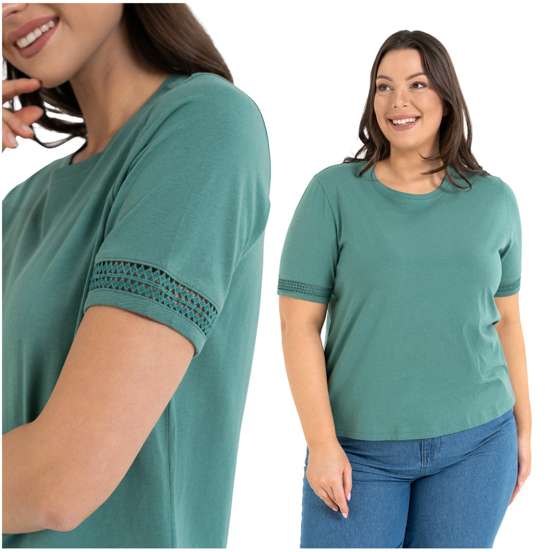 Bluzka damska koszulka gładka krótki rękaw z koronką t-shirt