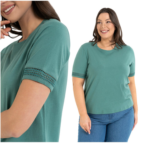 Bluzka damska koszulka gładka krótki rękaw z koronką t-shirt