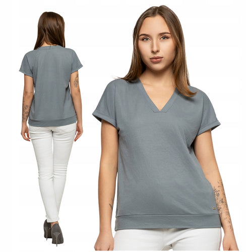Bluzka damska luźna koszulka gładka t-shirt dekolt v krótki rękaw