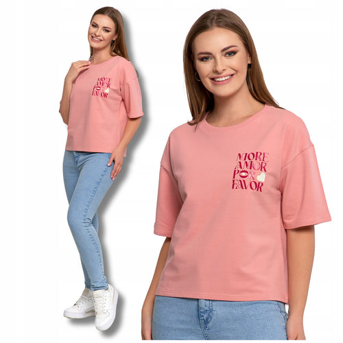 Luźny t-shirt damski koszulka bawełniana bluzka z krótkim rękawem