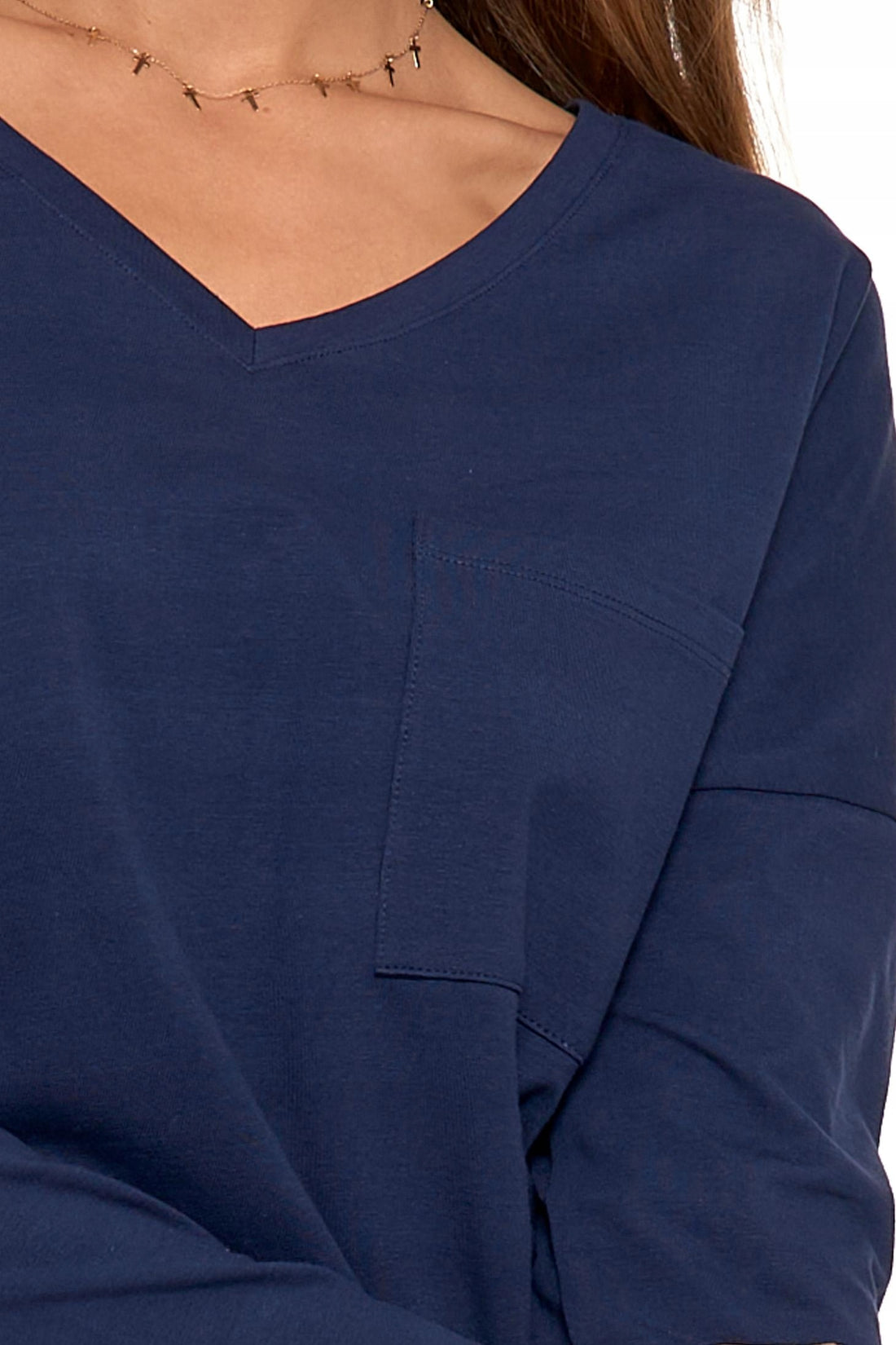 T-shirt na długi rękaw bluzka damska gładka z kieszenią bawełna