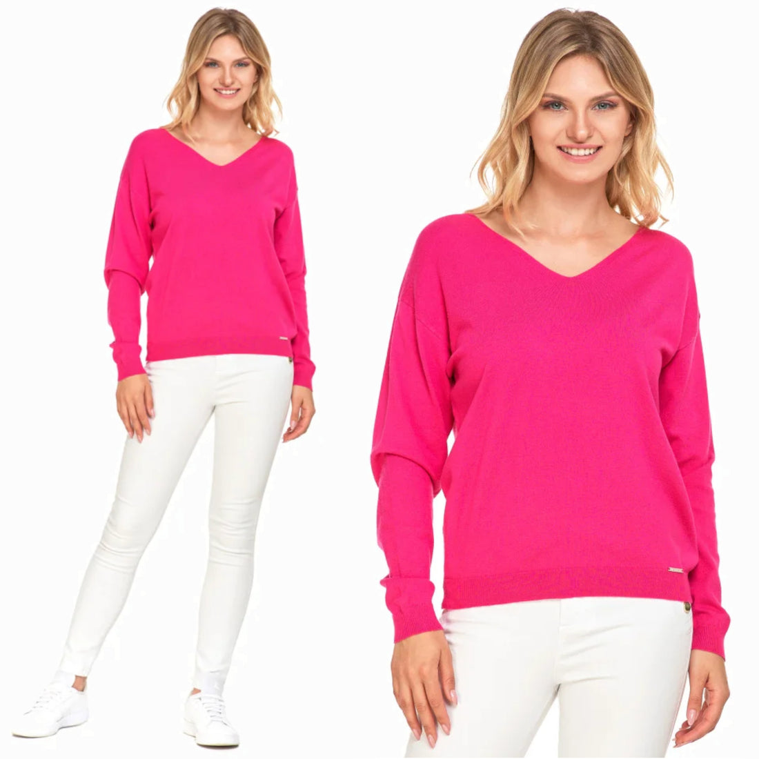 Sweter damski różowy luźny dekolt w serek stylowy modny elegancki