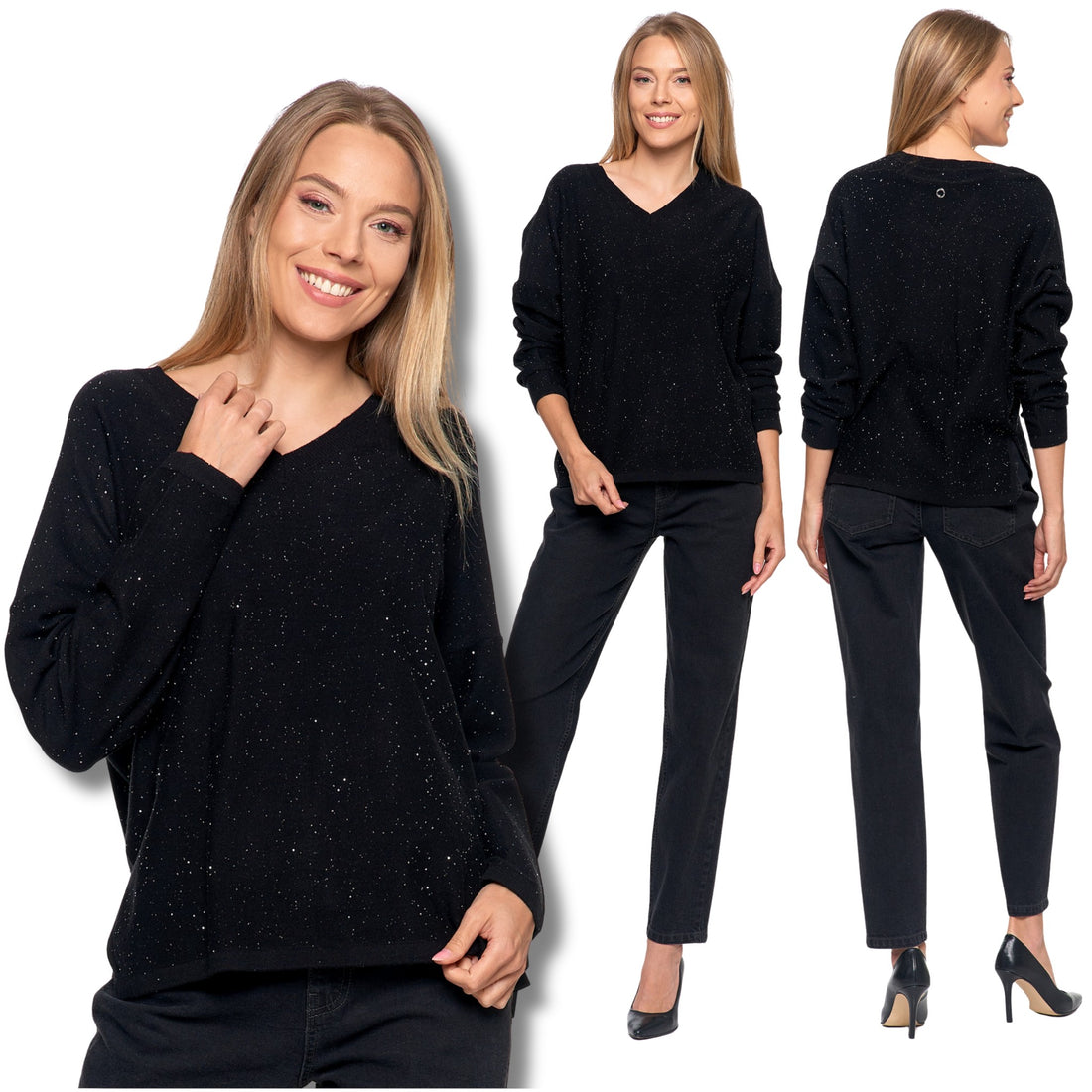 Elegancki sweter damski z wiskozy luźny krój z cekinami