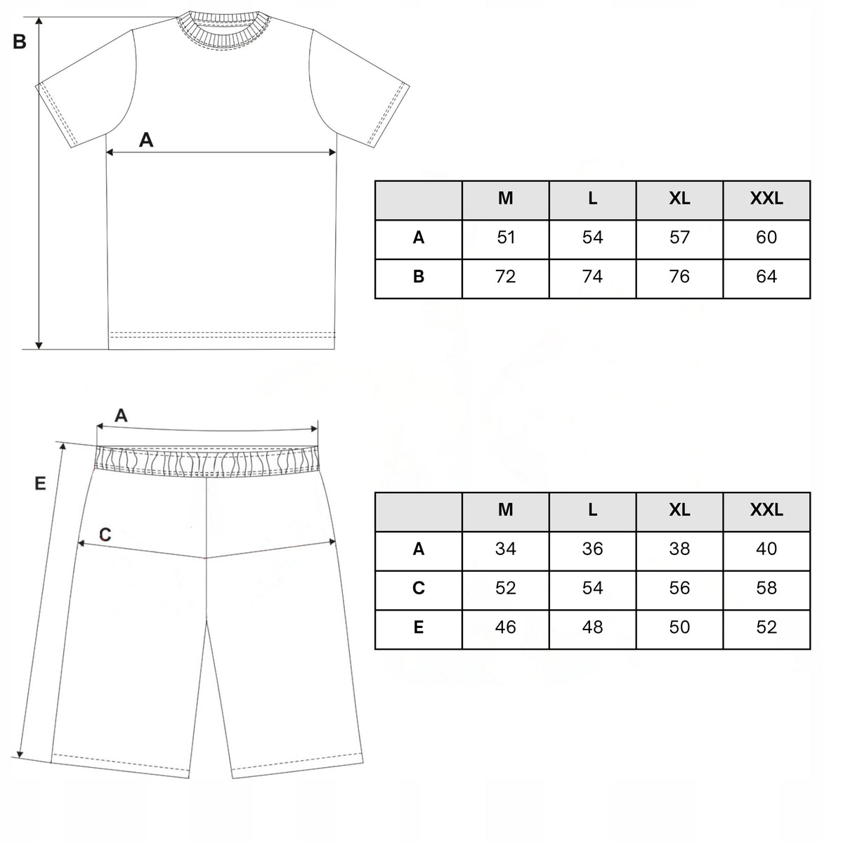 Tabela rozmiarów — Piżama męska dwuczęściowa t-shirt z krótkim rękawem spodenki szorty