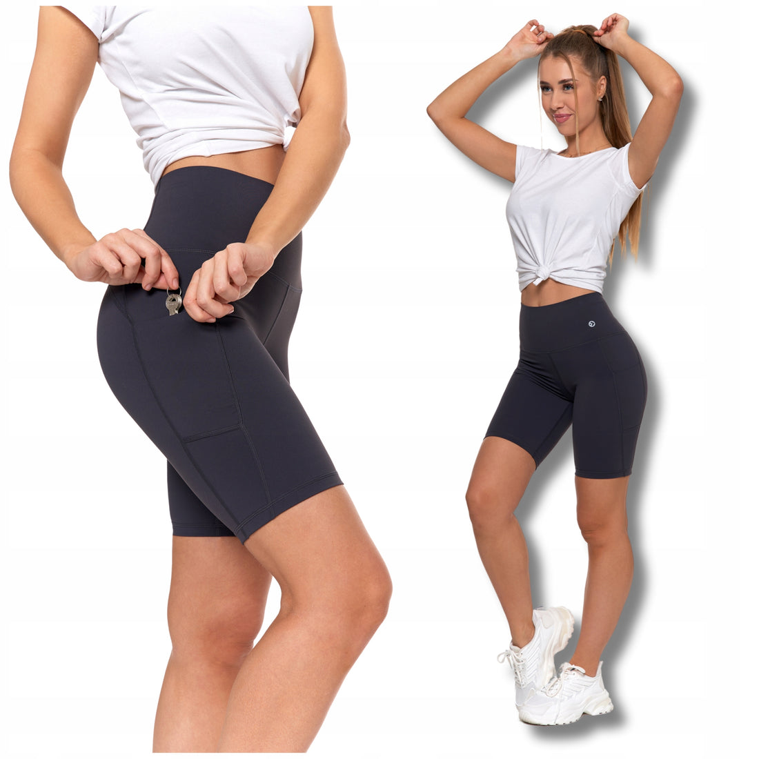 Legginsy kolarki szorty damskie sportowe wysoki stan kieszenie