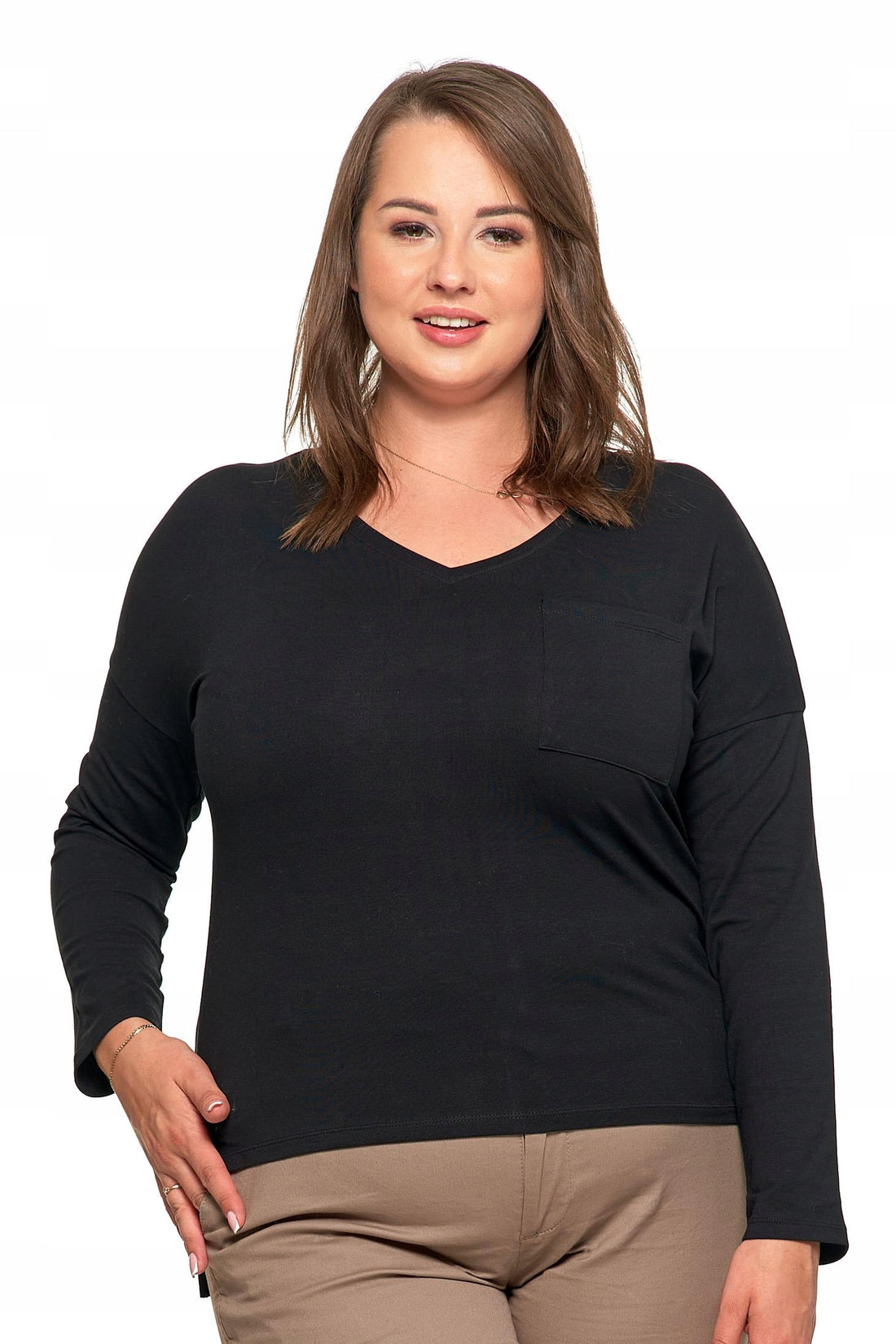 T-shirt na długi rękaw bluzka damska gładka z kieszenią bawełna