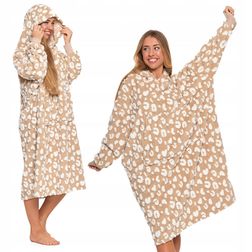 Kocobluza koc z rękawami cętki duża bluza z kapturem ciepła pluszowa