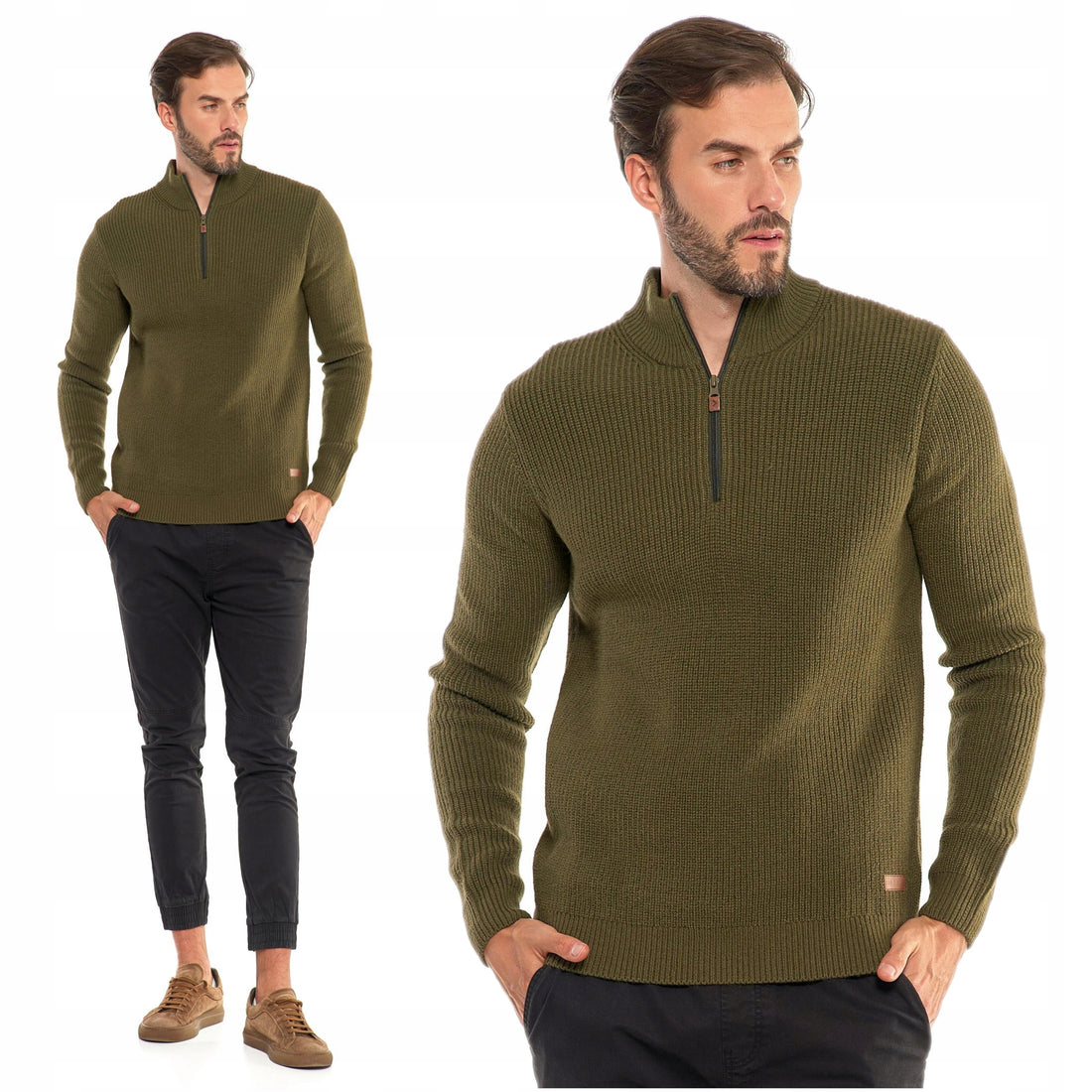 Sweter męski ze stójką zapinany pod szyją elegancki sweterek ciepły