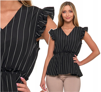 ELEGANCKA BLUZKA DAMSKA Motylkowy Rękaw Paski Podkreślona Talia MORAJ