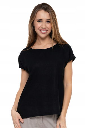 LUŹNA BLUZKA Damska Lniana Czarna Koszulka T-Shirt Przewiewna MORAJ 