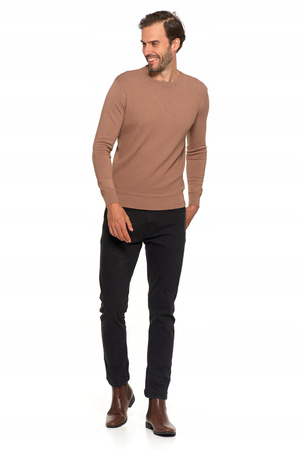 Elegancki SWETER MĘSKI Beżowy Klasyczny Okrągły Dekolt Modny MORAJ 