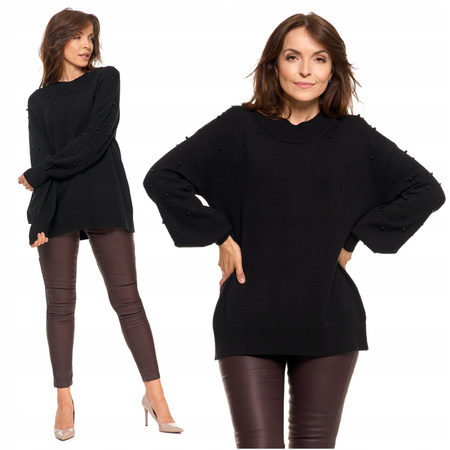 SWETER DAMSKI z Ozdobnymi Perełkami Szerokie Rękawy Czarny Stylowy MORAJ 
