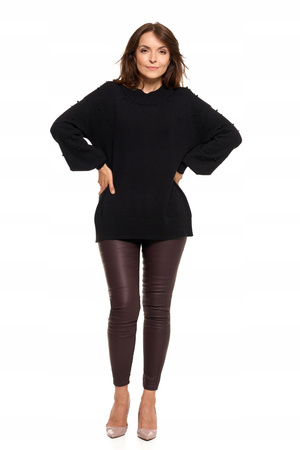 SWETER DAMSKI z Ozdobnymi Perełkami Szerokie Rękawy Czarny Stylowy MORAJ 