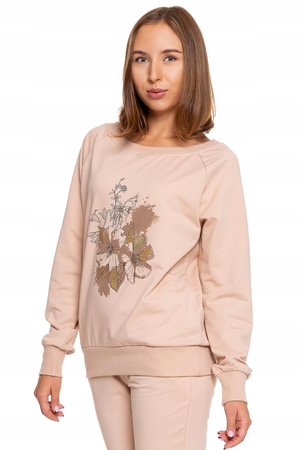 BLUZA Damska Dresowa MORAJ Klasyczny Krój Złoty Nadruk Kwiaty Modna 