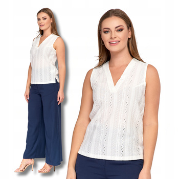 Ażurowa Bluzka Damska Bez Rękawów Dekolt w Serek Modna Koszulka MORAJ