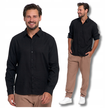 Lniana KOSZULA MĘSKA Czarna Elegancka Klasyczna Długi Rękaw Lekka MORAJ