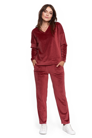 WELUROWY DRES BLUZA DAMSKA GŁADKA DEKOLT V SPODNIE Z PROSTĄ NOGAWKĄ MORAJ