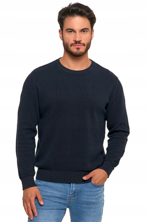 SWETER MĘSKI SWETER BAWEŁNIANY Z DEKOLTEM OKRĄGŁYM GRANATOWY BAWEŁNA 