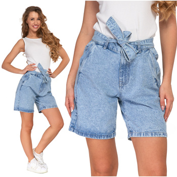 Szorty Damskie Krótkie Spodenki Jeansowe z Paskiem Wysoki Stan MORAJ