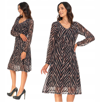 SUKIENKA MIDI DAMSKA Zwiewna Zwierzęcy Wzór Długi Rękaw Do Kolan MORAJ