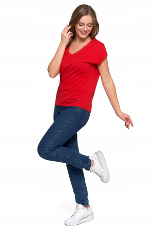 Bluzka Damska Koronkowy Dekolt T-Shirt z krótkim rękawem Koszulka MORAJ 