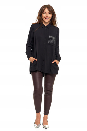 ELEGANCKA KOSZULA DAMSKA ZE ZDOBIENIAMI CZARNA MODNA OVERSIZE MORAJ 