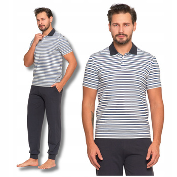 Piżama Męska Bluzka w Paski Krótki Rękaw Długie Spodnie Klasyczna MORAJ