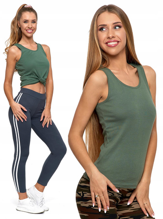 TANK TOP DAMSKI Dopasowany Koszulka Gładka Na Ramiączkach Khaki MORAJ 