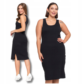 Sukienka Damska Prążkowana z Rozcięciami Czarna Prosta Na Lato MORAJ