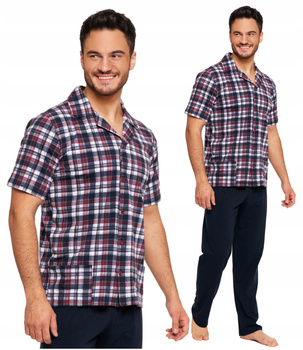 Piżama Męska Rozpinana Koszula w Kratę na Krótki Rękaw Wygodna MORAJ