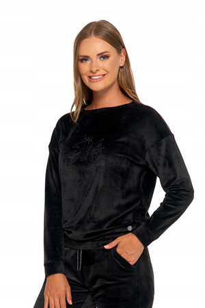 Welurowa BLUZA DAMSKA Czarna Bez Kaptura z Haftem Elegancka MORAJ 
