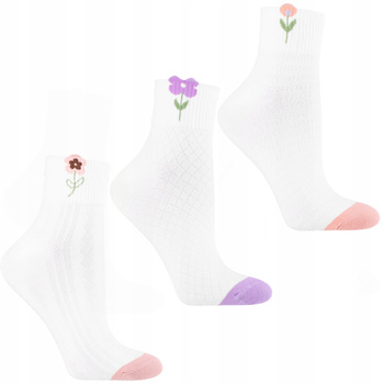 Białe Skarpetki Damskie Klasyczne Urocze Kwiatki Skarpety MORAJ 3-PAR