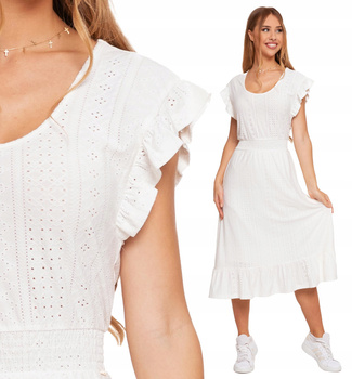 Sukienka Letnia Damska Ażurowa Midi Rozkloszowana Motylkowy Rękaw MORAJ