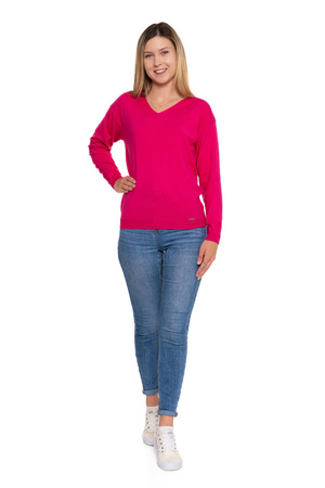 Sweter Damski Różowy Luźny Dekolt w Serek Stylowy Modny Elegancki MORAJ 