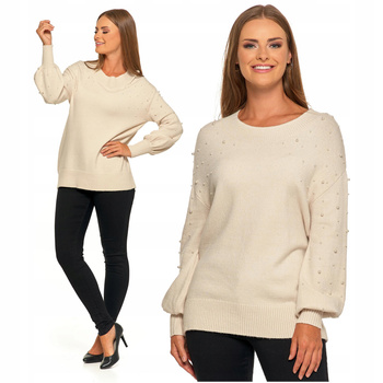 SWETER DAMSKI z Ozdobnymi Perełkami Szerokie Rękawy Beżowy Stylowy MORAJ