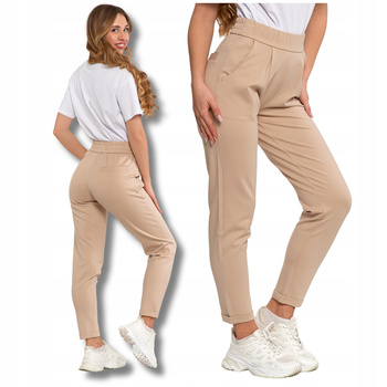 Beżowe SPODNIE DRESOWE DAMSKIE MORAJ z Prostą Nogawką Klasyczne Gładkie